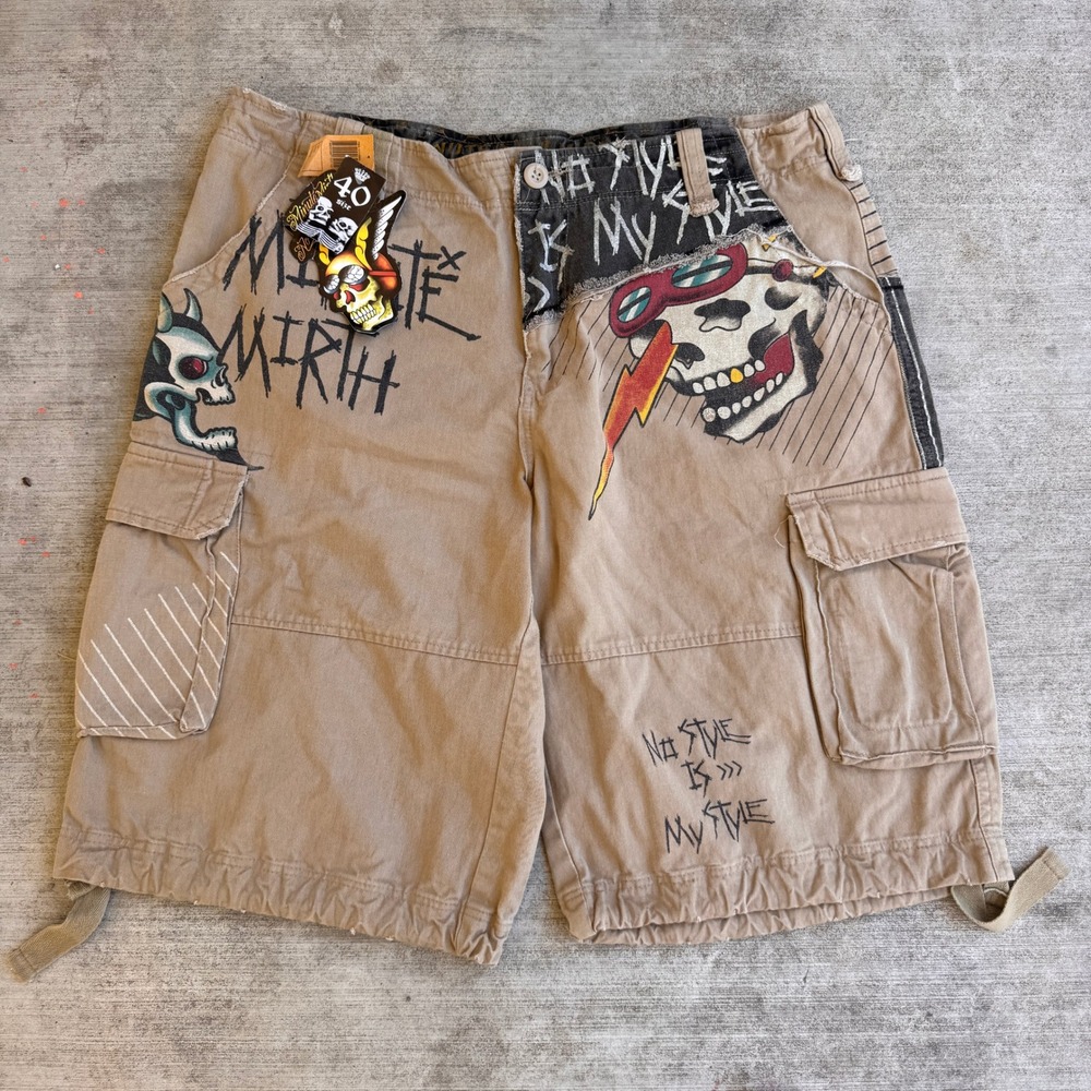 Minute Mirth Y2k Baggy Tattoo Graphic Cargo Shorts Khaki Patchwork Mens 40 NWT